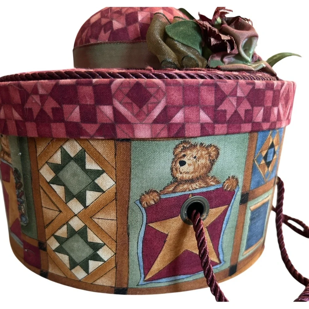 Vintage Fabric Covered Hat Box Shape Sewing Basket Organizer with Floral Accent